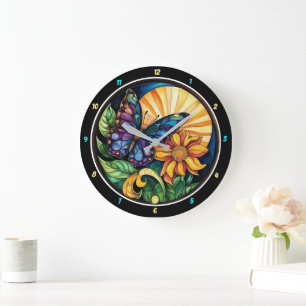 Grande Horloge Ronde Embrace de la nature" - Papillon & Fleur