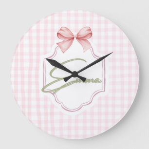 Grande Horloge Ronde Emma Nœud Rose Personnalisé & Imprimé Gingham