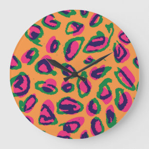 Grande Horloge Ronde Empreinte de léopard, Motif animal coloré.