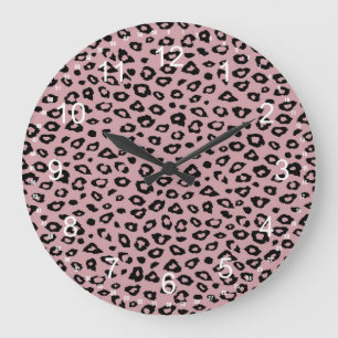 Grande Horloge Ronde Empreinte de léopard noir rose