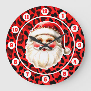 Grande Horloge Ronde Empreinte de léopard rouge Retro Père Noël