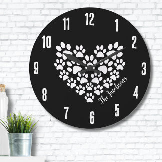 Grande Horloge Ronde Empreintes de pattes cardiaques personnalisés