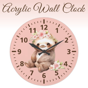 Grande Horloge Ronde Enfants mignon paresseux avec fleurs rose brun
