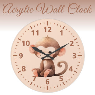 Grande Horloge Ronde Enfants mignon singe brun pêche