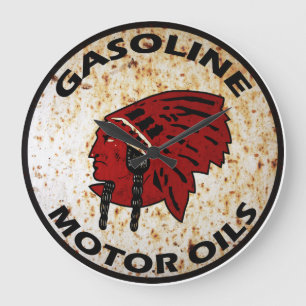 Grande Horloge Ronde Enseigne en fer blanc vintage Red Indian Gasoline,
