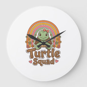 Grande Horloge Ronde Équipe de tortue mignonne dessin vectoriel floral
