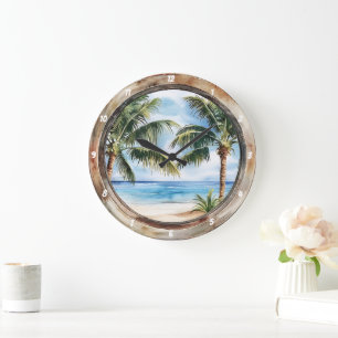 Grande Horloge Ronde Escapade côtière" - Fenêtre nautique Tropical