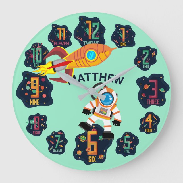 Grande Horloge Ronde Espace Garçons Astronaute Fusée Planètes Extraterr (Recto)