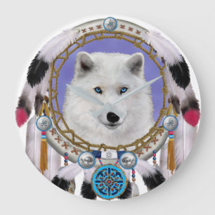 GRANDE HORLOGE RONDE ESPRIT DU LOUP INDIEN AMÉRICAIN