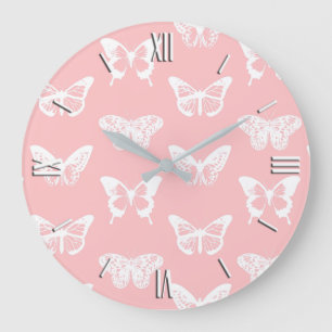 Grande Horloge Ronde Esquisse de papillons, rose et blanc