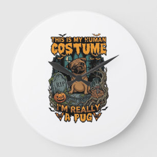 Grande Horloge Ronde Est Pug Costume Humain Halloween Citrouille Pierre