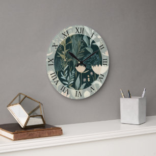 Grande Horloge Ronde Esthétique Fleur Illustrative Sauge Foncé & Pêche 