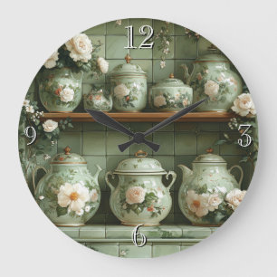 Grande Horloge Ronde Étagère vintage théière verte rétro Canettes Roses