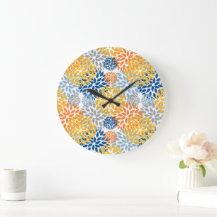 Grande Horloge Ronde Été Floral Abstrait Couleurs vives Motif