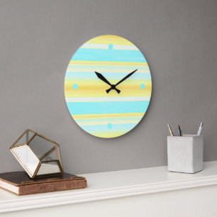 Grande Horloge Ronde Eté Soleil Jaune Aqua Bleu Aquarelle Rayures