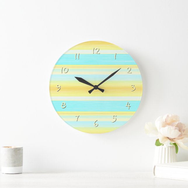 Grande Horloge Ronde Eté Soleil Jaune Aqua Bleu Aquarelle Rayures (Maison)