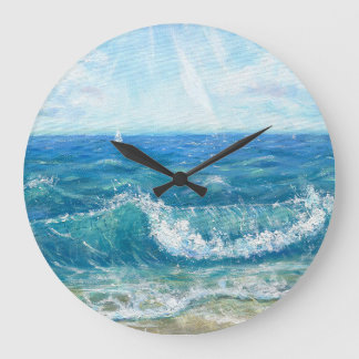 Grande Horloge Ronde Eté, vagues bleues, peinture acrylique.