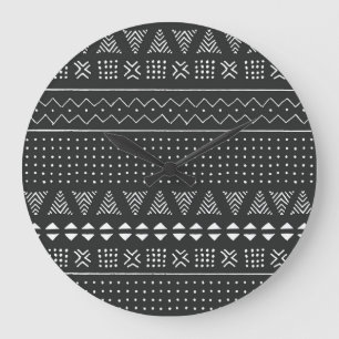 Grande Horloge Ronde Ethnie tribale : motif noir blanc.