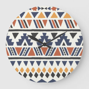 Grande Horloge Ronde Ethnique aztèque : Main Tirée Sans Fil