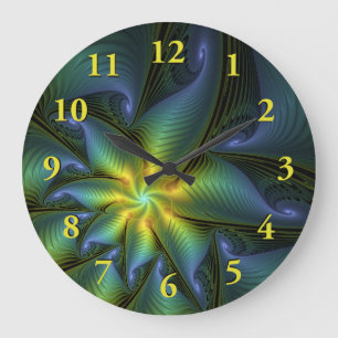 Grande Horloge Ronde Etoile Abstraite, Bleu brillant Vert Or Fractal Ar