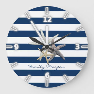 Grande Horloge Ronde Étoile de mer adorable, rayures bleu marine - Pers
