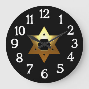 Grande Horloge Ronde Étoile juive dorée sur fond noir