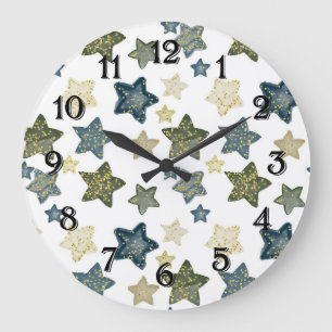 Grande Horloge Ronde Étoiles aquarelles de confettis dorés