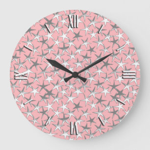Grande Horloge Ronde Étoiles d'argent, sur rose coquille