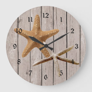 Grande Horloge Ronde Étoiles de mer en bois rustiques