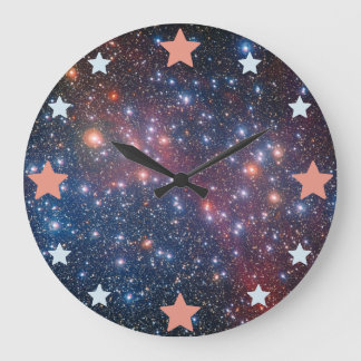 Grande Horloge Ronde Étoiles géométriques sur une nébuleuse cosmique.
