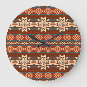 Grande Horloge Ronde Étoiles textiles ethniques : Motif Abstrait.