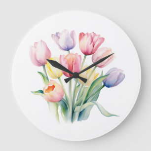 Grande Horloge Ronde Éveil du printemps - Tulipes d'aquarelle