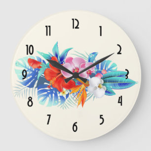 Grande Horloge Ronde Exotic Tropical Flowers - Pink & Aquamarines