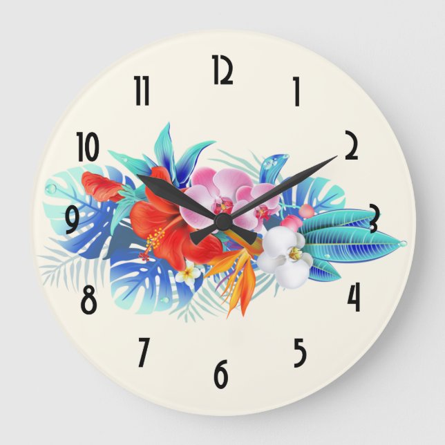 Grande Horloge Ronde Exotic Tropical Flowers - Pink & Aquamarines (Recto)