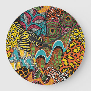 Grande Horloge Ronde Fabric africain : Patchwork d'animaux sauvages.