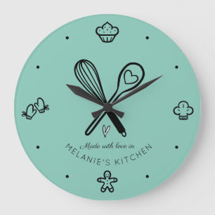 Grande Horloge Ronde Fabriqué avec amour Cute Bisine Bleu Turquoise