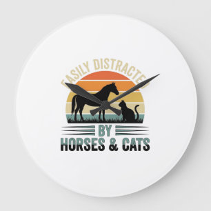Grande Horloge Ronde Facilement Distrait Par Les Chevaux Et Les Chats D