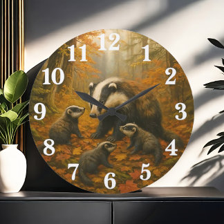 Grande Horloge Ronde Famille de blaireaux dans les bois en automne