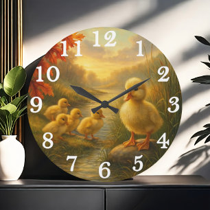 Grande Horloge Ronde Famille de canards joyeuse dans un ruisseau automn