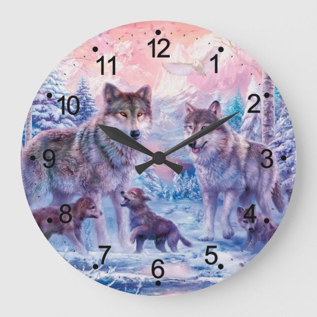 Grande Horloge Ronde Famille De Loups Peignant (Recto)