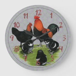 Grande Horloge Ronde Famille de poulets Marans cuivre noir