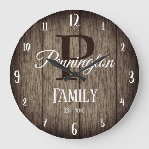 Grande Horloge Ronde Family Name with Monogram Rustic Wood