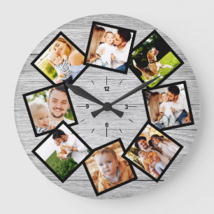 Grande Horloge Ronde Family Photo Collage Rustic Chic Farmhouse Gray
