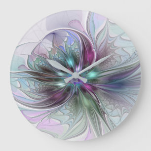 Grande Horloge Ronde Fantaisie Abstraite Moderne Fleur Fractale Colorée