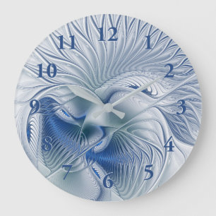 Grande Horloge Ronde Fantaisie dynamique Abstrait Tons bleus Art fracta