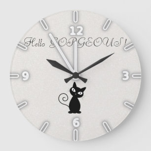Grande Horloge Ronde Fantasque Chat Noir Étincelant-Bonjour Magnifique