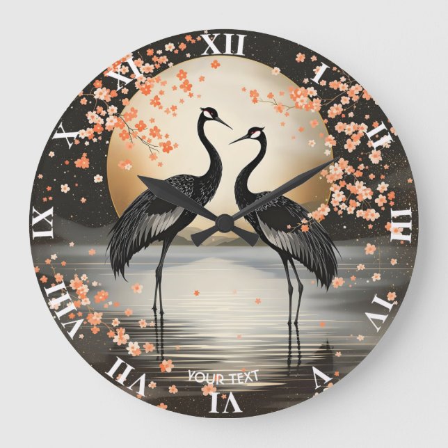 Grande Horloge Ronde Fantasy Cute Two Black Cranes (Recto)