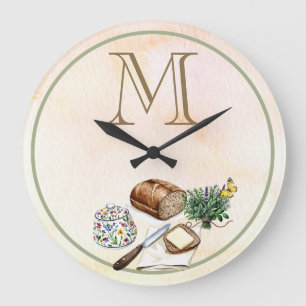 Grande Horloge Ronde Farmhouse Rustique Herbes et Pain Famille Monogram