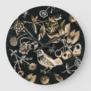 Grande Horloge Ronde Faux Gold Bird Beetles Flowers Cherry