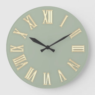 Grande Horloge Ronde Faux Gold Metallic Minimal Roman Numbers Green